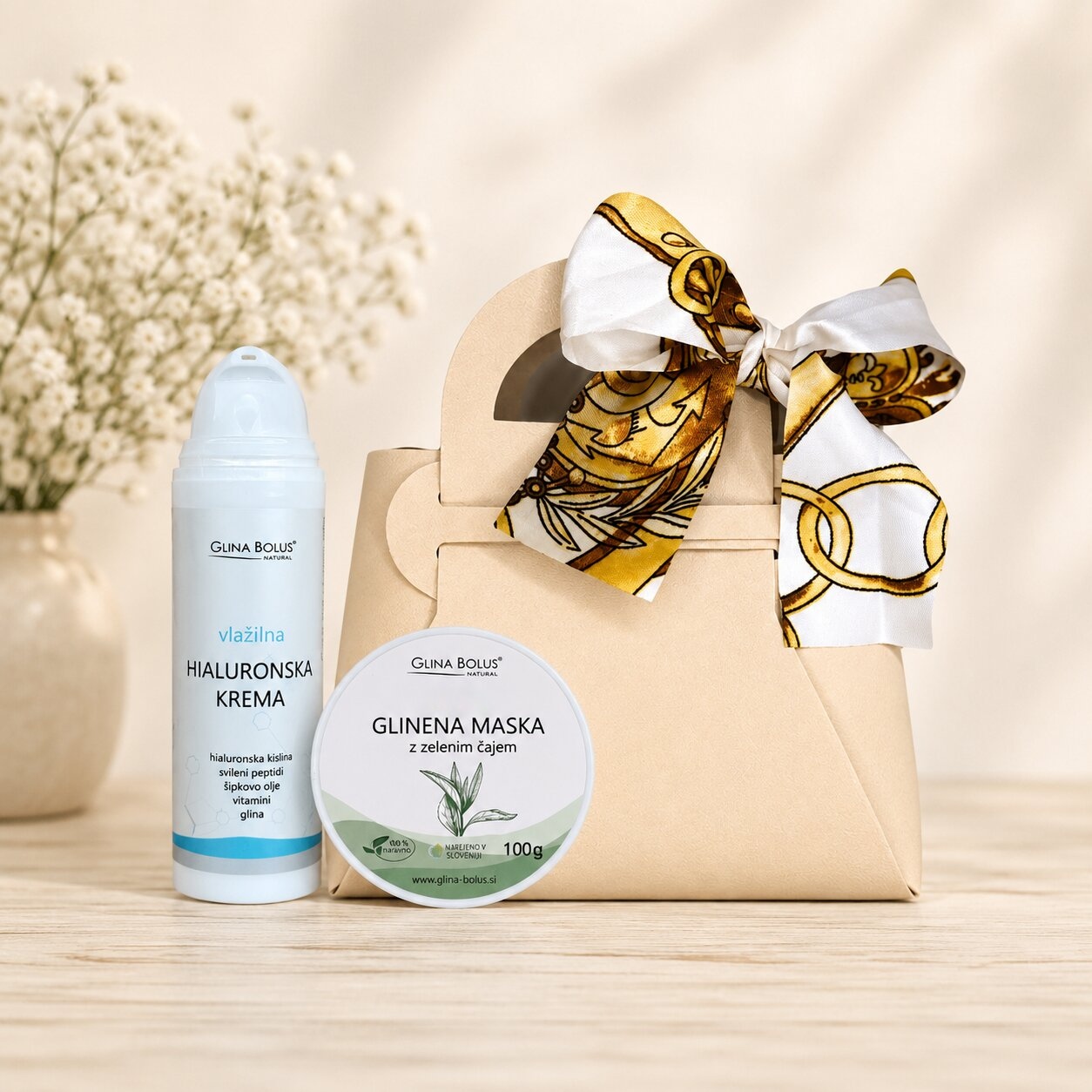 Hydra Glow Set - Vlažilna hialuronska krema + Glinena maska zeleni čaj
