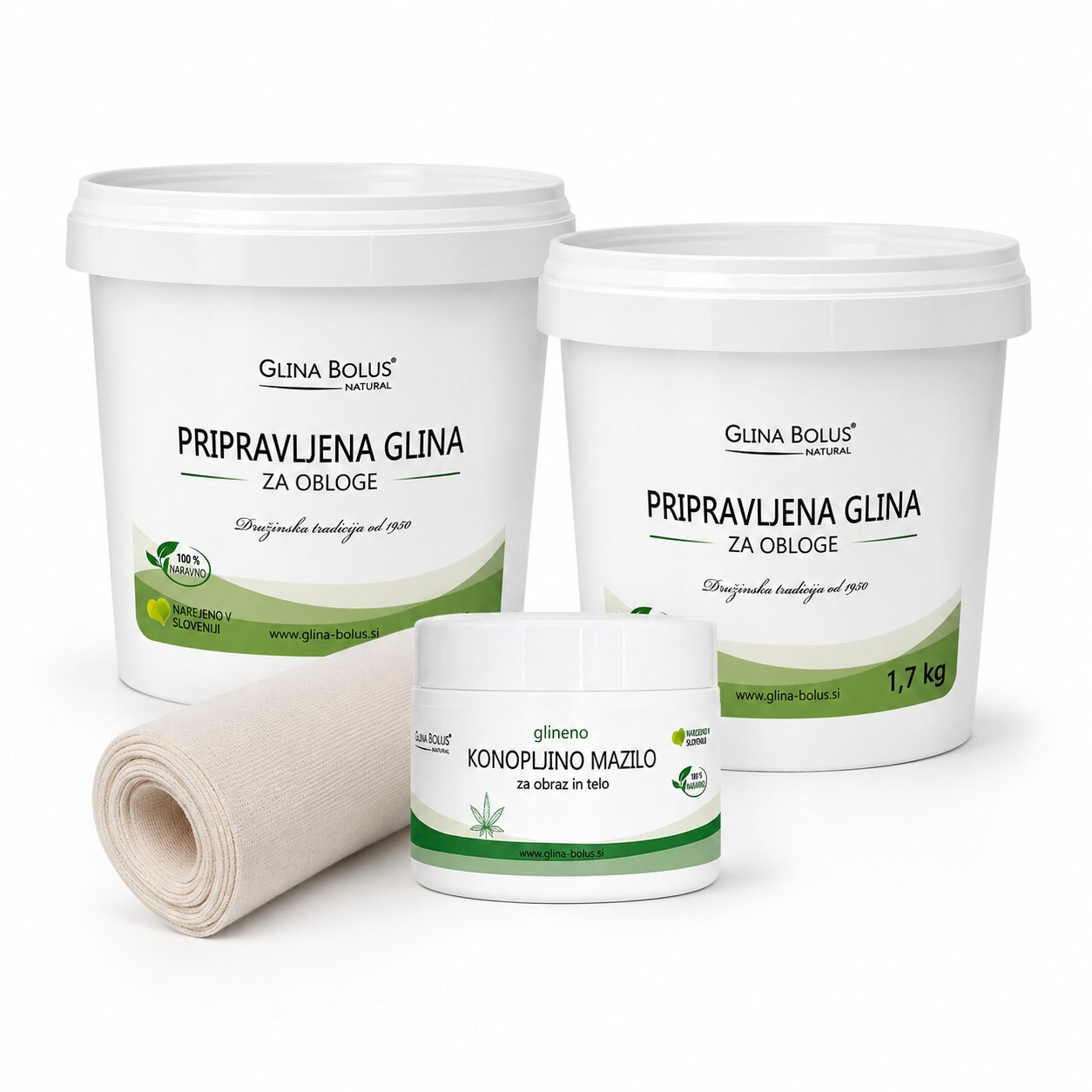 2x glinena obloga 1,7kg + Konopljino glineno mazilo 50g + Bombažna tkanina
