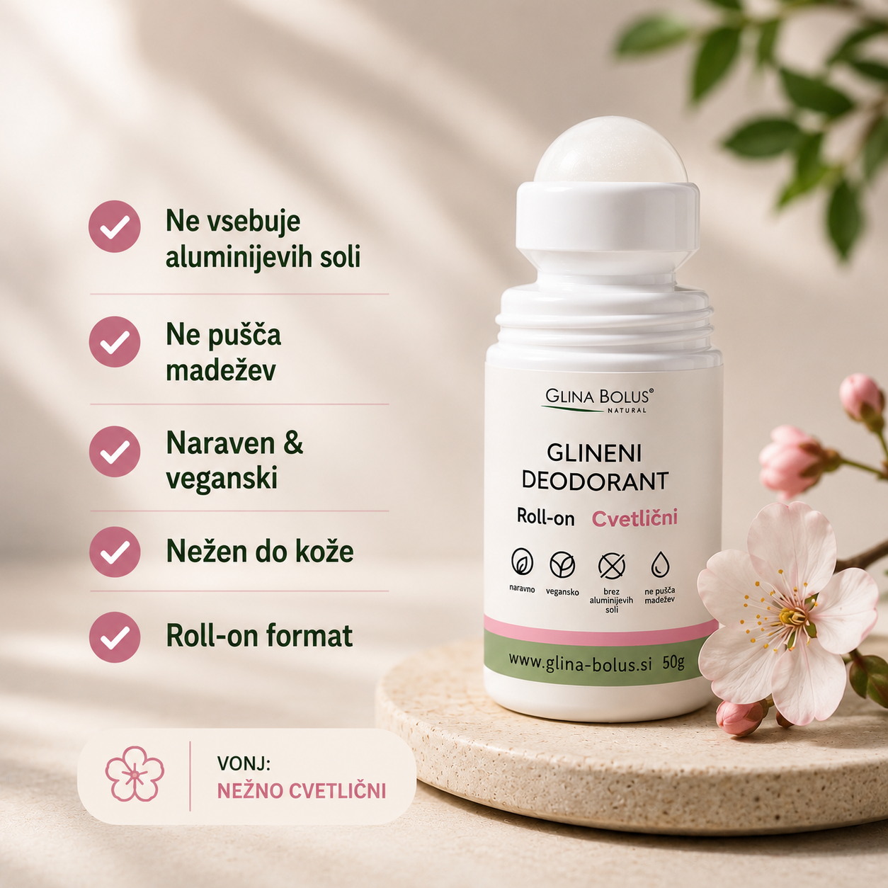 Glineni deodorant - Cvetlični (roll-on) 50ml