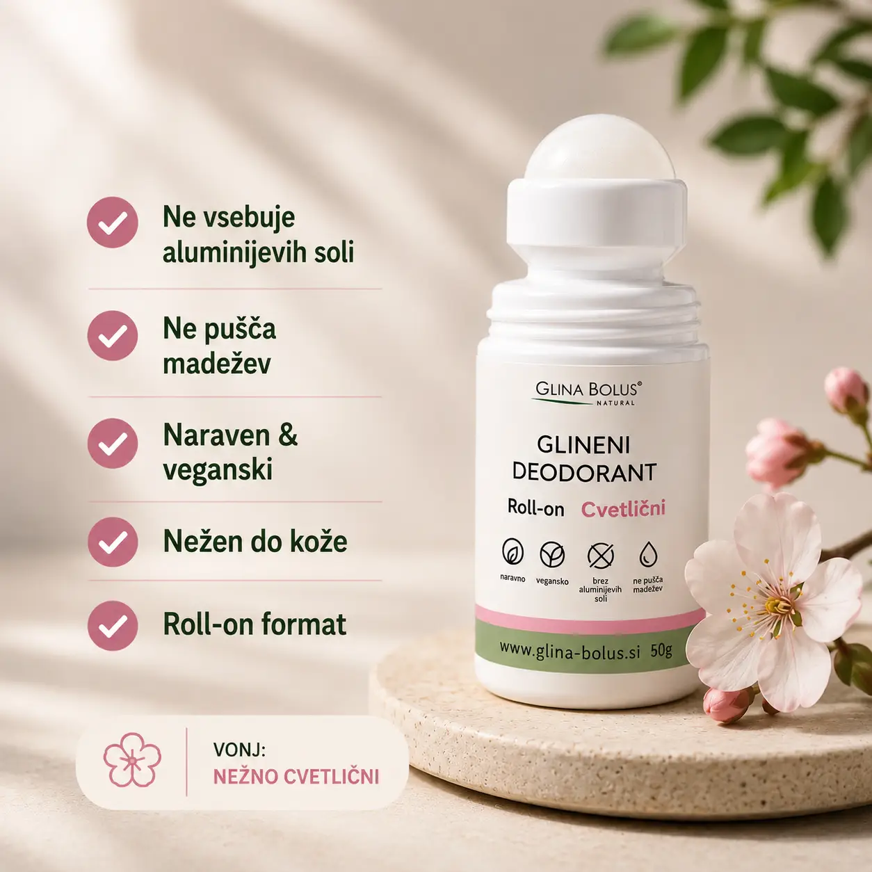 Glineni deodorant - Cvetlični (roll-on) 50ml